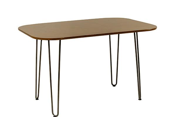 Close-up of the Huron Cafe Table featuring hairpin legs and a wooden tabletop